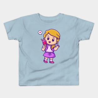 Cute Girl Holding Ice Cream Cartoon Kids T-Shirt